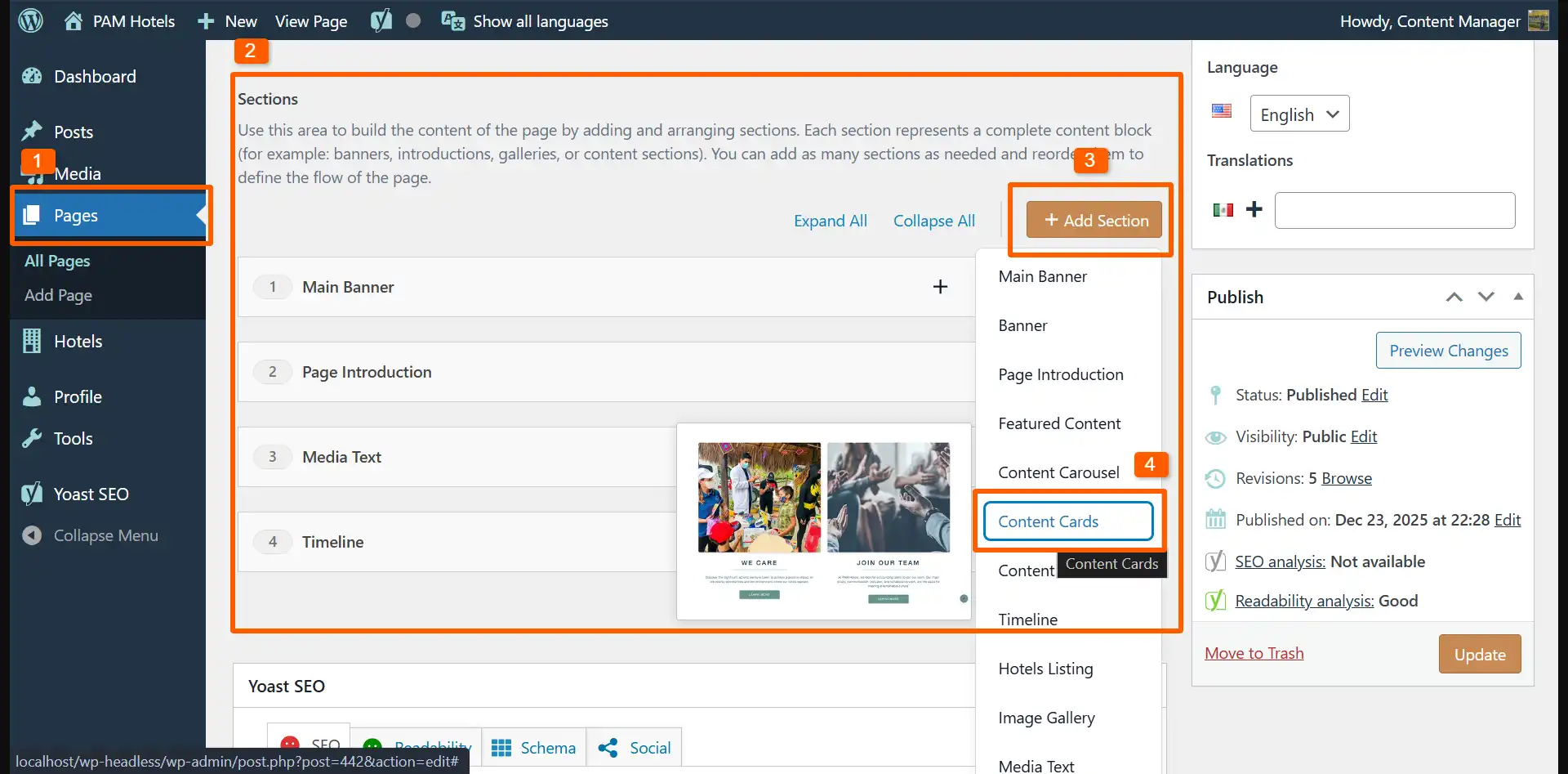 Botón "Add Section" y selector de componentes