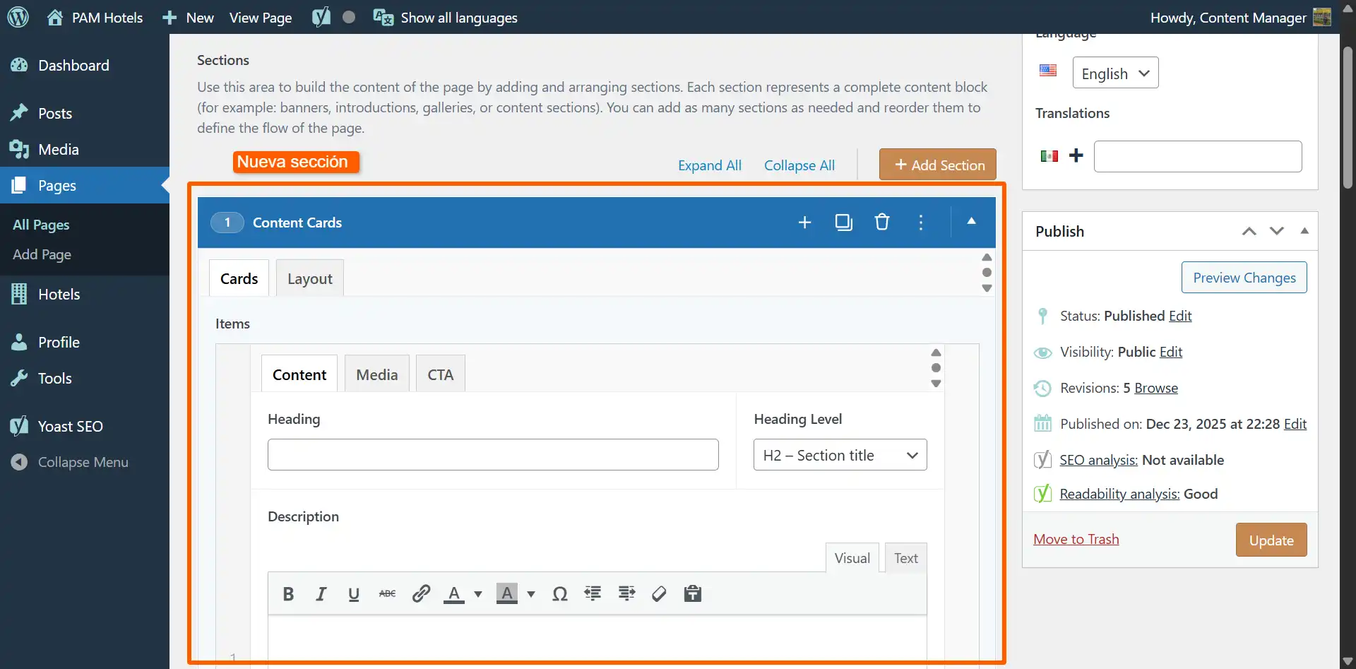 Botón "Add Section" y selector de componentes
