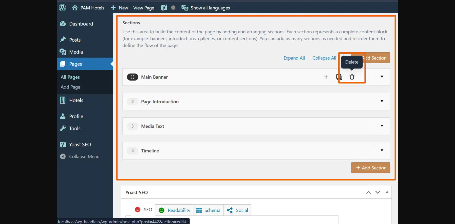 Opción para eliminar una sección