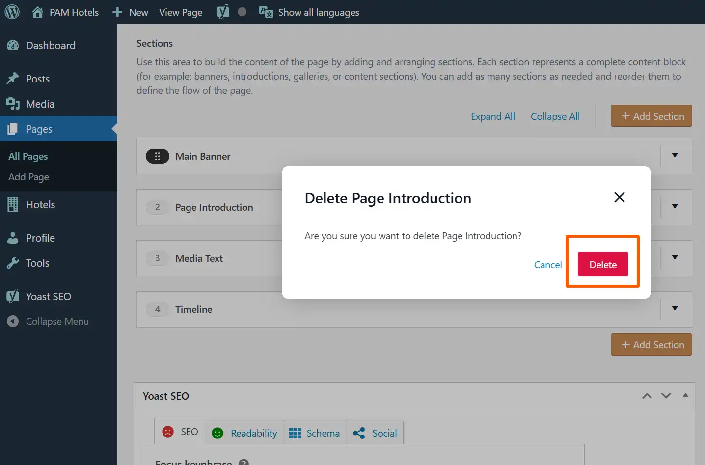 Opción para eliminar una sección