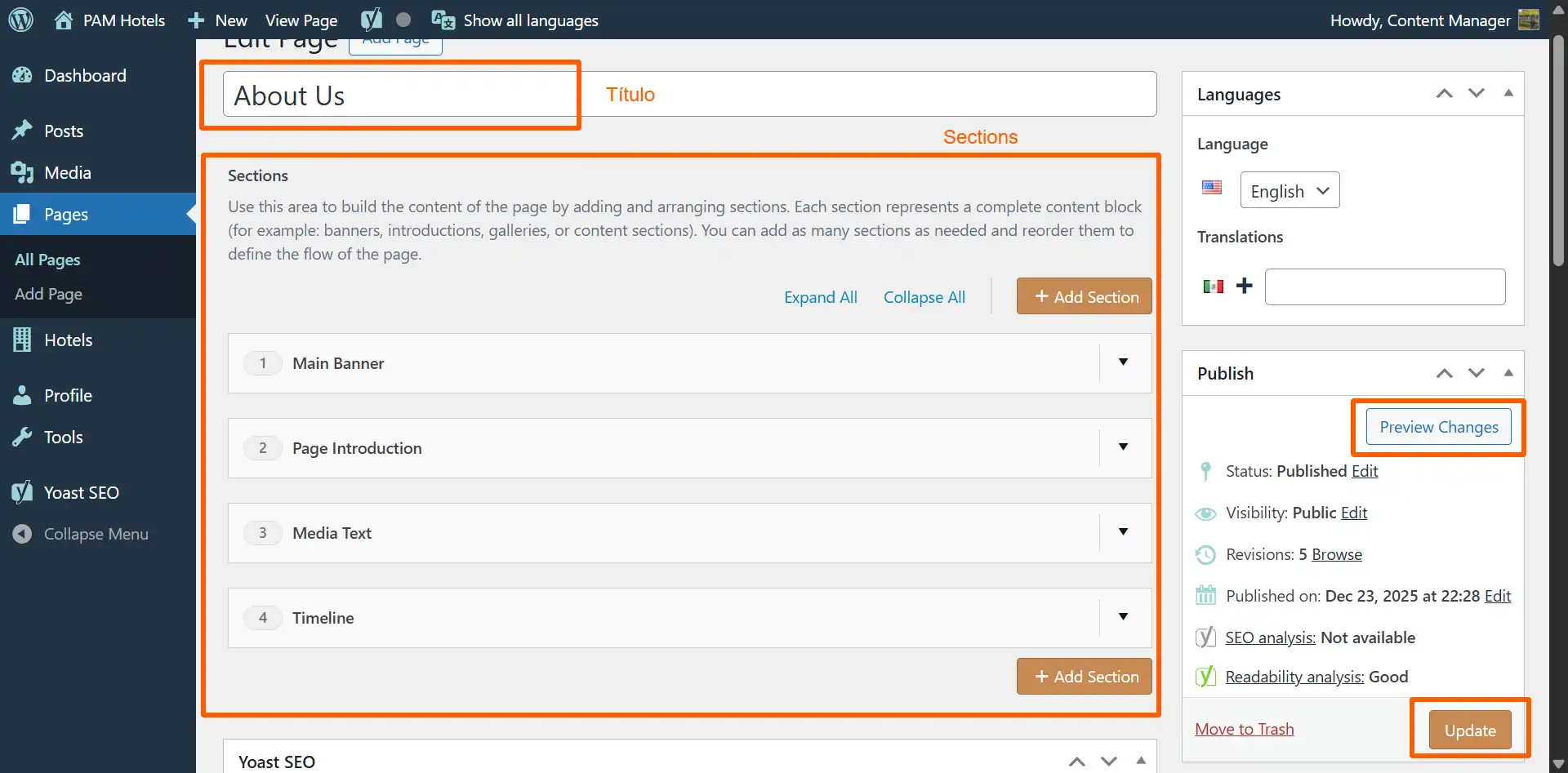 Editor de página con Título + Sections + botones