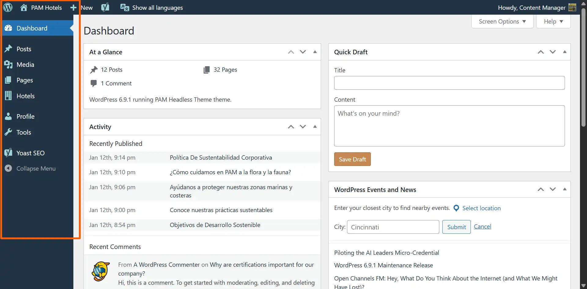 Menú lateral resaltando Pages, Hotels, Posts y Menus