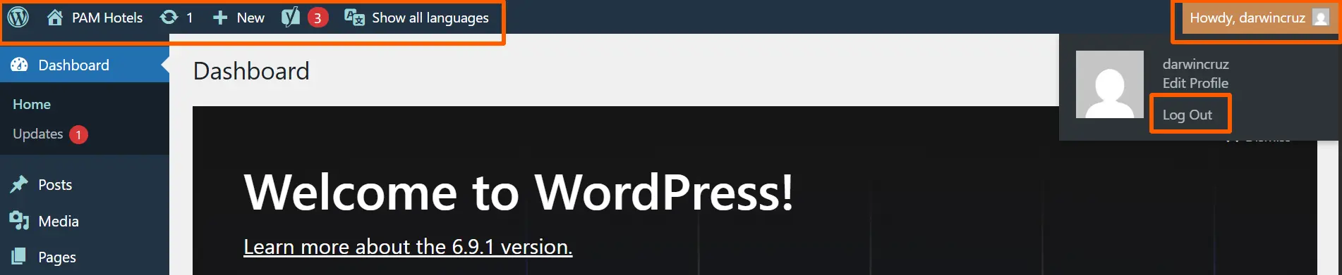 Barra superior del panel de WordPress